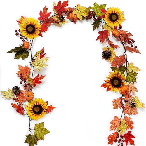 OrgMemory Herbst Dekoration 180cm mit Sonnenblumen Tannenzapfen Kürbis Beeren Herbstgirlande Herbstdekorationen für Zuhause Hochzeit Party Hintergrund Kamin Thanksgiving