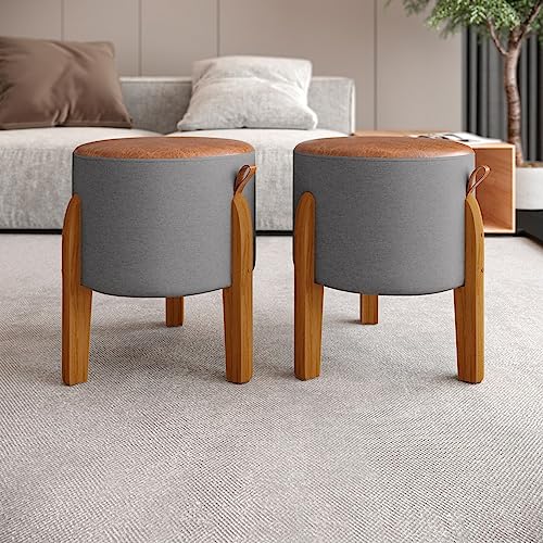 Kit 2 Puff Em Couro E Linho - Cor Cinza E Caramelo - Pés Madeira Maciça - 42x32 Luma - Banquinho Red