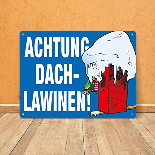 Warnschild für den Winter in blau Achtung Dachlawinen! Mit Comic Vogelhaus Gefahr Metall-Schild Dachlawine Aluschild Winter Blechschild Schnee Vogelhäuschen Vogel Winterdienst