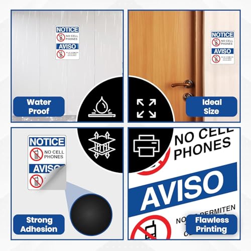 Image of 5 x No Cell Phones Bilingual Notice Sticker | 10 x 7 Inch No Phones Zone Warning Sign | Easy to Mount Vinyl Labels with Symbols | UV-Resistant, Waterproof, Self-Adhesive Signage for Business, Workplaces, Classrooms, Gas Stations