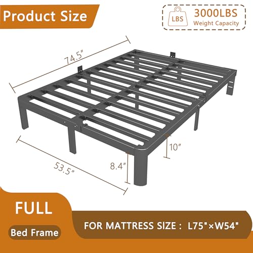 Image of 10 Inch Full Bed Frames, Platform Bed with Metal Gaskets, No Box Spring Needed, Anti-Slip Mattress Stopper, Heavy Duty Steel Slat Support, Round Corner Leg, Easy Assembly, Black