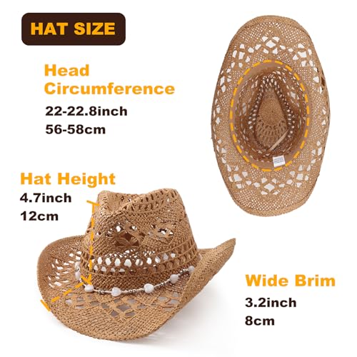 Image of DRESHOW Straw Cowboy Cowgirl Hat for Women Men Western Coastal Cowboy Beach Hat with Shapeable Brim Unisex Rolled up Caps
