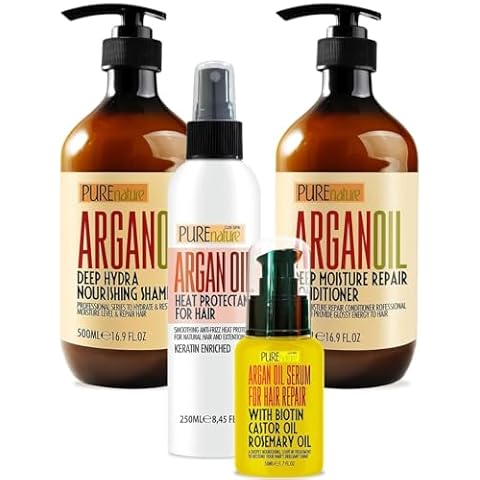 PURE NATURE Lux Spa Moroccan Argan Oil Shampoo and Conditioner Set, Heat Protectant Spray, Hair Serum with Keratin, Biotin, Rosemary & Castor Oil for Hair Protection, Repair and Shine (3 Count) Cover