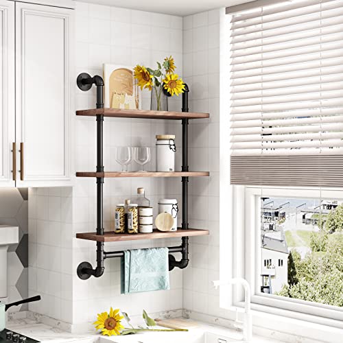 Industrial Bathroom Shelves Rustic Wood Shelves With Towel Bar 24" Farmhouse Shelf For Wall Pipe Shelving-3 Layer #TOP3