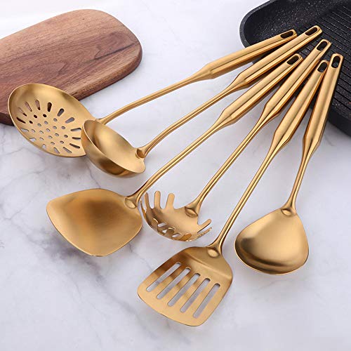 Küchenhelfer-Set, Edelstahl, 10-teilig, Kochutensilien mit Schlitzlöffel, Pfannenwender, Schöpflöffel, Skimmer, Stimmgerät, Spaghettiheber, Kochlöffel, Gold-Finish