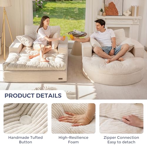 Image of MAXYOYO Modular Sectional Chaise Lounge Sofa, 2 Sets Upholstered Lounge Chair with Ottoman, Comfy Round+ Square Couch with Layered Cushion, Tufted Sleeper Chair for Living Room, No Assembly, Beige
