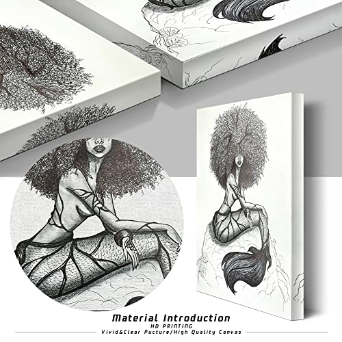 Mermaid Wall Art African American Canvas Prints Black Girl Picture Black Girl Wall Art Black Queen Picture For Living Room Bedroom Bathroom Office Wall Decor Framed Home Decorations Ready To Hang 16X20 Inch #TOP1