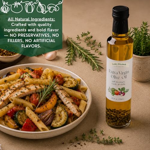 Image of Lesley Elizabeth Extra Virgin Olive Oil with Rosemary, Garlic & Herbs, 8.5 fl oz - Small-Batch Herb-Infused EVOO for Dipping, Roasting, Marinades & Everyday Cooking - All-Natural, Plant-Based Ingredients