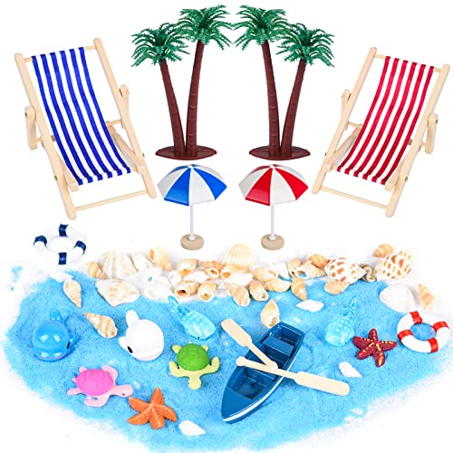 Ulikey 40 Pièces Miniature de Plage, DIY Micro Paysage de Plage, Décoration de Plage d'océan, Chaise de Plage, Parasol, Cocotier