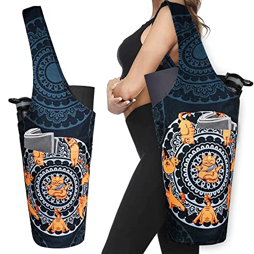 Yoga Mat Bag - Long Tote with Pockets - Holds More Yoga Accessories - Yoga Bag Fit Most Size Mats - Mandala Yoga Cat Pose Black Yoga Mat Carrier 37"x15.5"