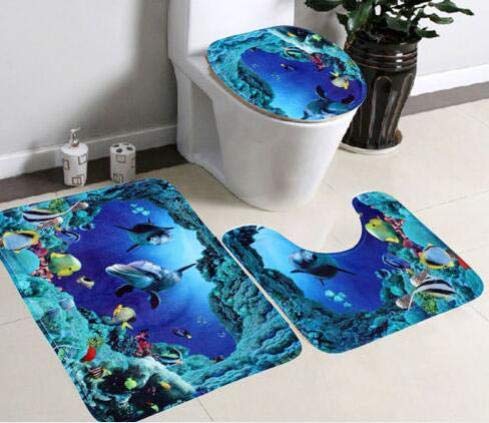 Jinjuntech - Ensemble de 3 tapis de salle de bain antidérapant avec motif dauphin 3D + tapis de contour WC + tapis de siège WC en forme de U