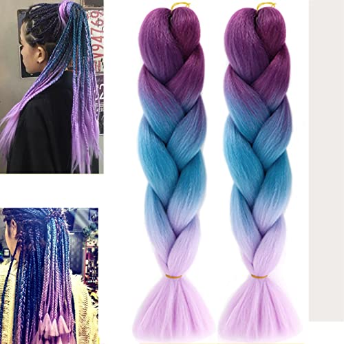 (2 Pack)- 24 Inch Ombre Jumbo Braiding Hair, MH MOIHSING Jumbo Braid Hair Extensions Long Jumbo Braids for Box Braids Crochet Hair High Temperature Fiber 3 Tone Colored (Purple-Lake Blue-Light Purple)