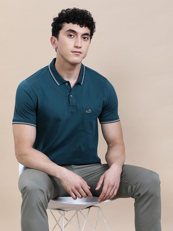 Image of CROCODILE Men Solid Slim Fit Polo T-Shirt | Regular Length | Short Sleeve | Button Placket | Casual Knitted Topwear