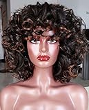 ELIM Ombre Brown Short Afro Big Curly Wigs for Black Women with 7 PCS Accessories, Natural Looking Kinky Curly Bangs Wig Synthetic Hair Replacement Wig for Daily Party Use Z301BB