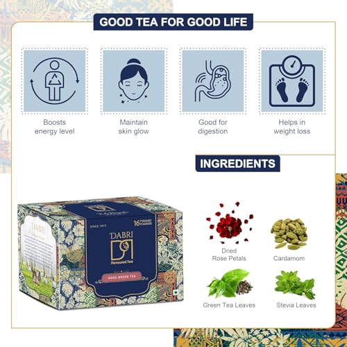 Image of Dabri Rose Green Tea Loose Leaves 32 Pyramid Dip Tea Bags|Pack of 2 x 16 Bags Each|Glowing Skin & Hair For Men-Women|Natural Rose Petals|Antioxidant-Rich|Organic Blend|Relieves Stress & Manage Weight