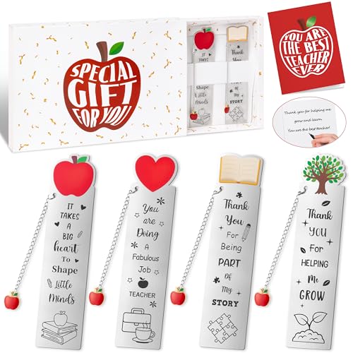 CY2SIDE 4PCS Teacher Appreciation Gifts Metal Bookmark with Apple Tassel and Greeting Card Growing Tree and Book Shape Bookmark End of Year Thank You Graduation Gift from Student for Best Teacher