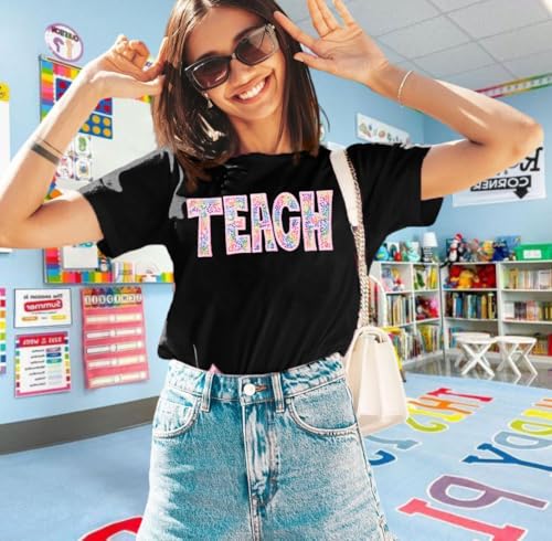 FASHGL Teacher Shirts Women Funny Teach Sequin Printed Graphic Tshirt Short Sleeve T-Shirt Teacher Gifts Tee Tops2