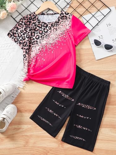 Image of NEW 8-12 Years Girls Summer Outfits 2 Piece Set Trendy Print Top & Stretchy Shorts Casual Playwear