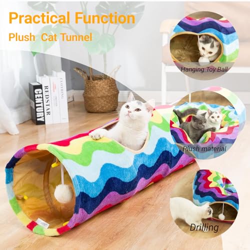 Image of Cat Tunnel -Straight-Shaped, Rainbow Wave Color, Soft Velvet Exterior, Oxford Fabric Fog-Proof Interior, Plush Toy Ball, Easily Washable, Conveniently Foldable, 47.2in /120cm