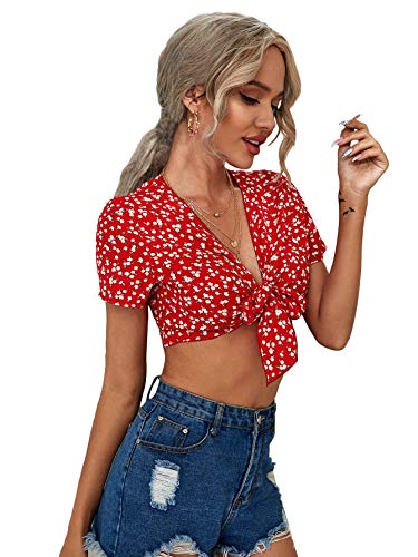 WDIRARA Women's Floral Print Deep V Neck Tie Front Short Sleeve Crop Top Red L