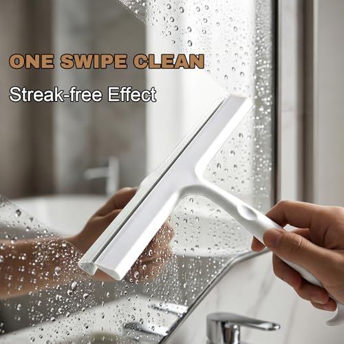 Image of Shower Squeegee for Glass Doors, 10-Inch Silicone, Fishtail Type Hook,White | One-piece Silicone, Fishtail Hook, Non-slip Grip and Quiet Glide for Shower Glass, Tile, Mirrors, Windows and Car Glass