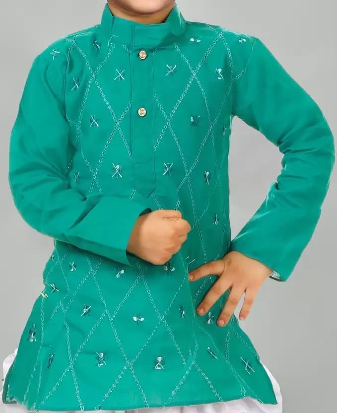 disson Kids Kurta Pyjama Set for Boys Indian Traditional Party Wear Bollywood Style Wedding Dress (Rama Green, 7-8 Year)4