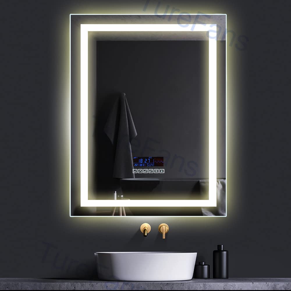 Lustro łazienkowe LED 24 W z wyświetlaczem LCD (data i temperatura) - przełącznik dotykowy przeciwmgielny Bluetooth regulowany kolor (chłodne/ciepłe) - 60 x 80 cm nowoczesne lustro kosmetyczne