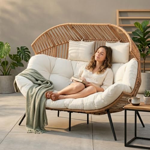 Shintenchi Double Egg Chair Outdoor Rattan Patio Chair with Cushion Oversized 2 Person Patio Lounge Chairs with Cushion Egg Basket Chair Egg Seat Indoor Living Room Bedroom Patio Backyard Balcony