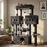 Hey-brother Cat Tree Tower, Large Sisal Scratching Posts with Big Platform, 3 Spacious Condos, Plush Hammock, Toy, 57.5 Inches Multi-Level Furniture for Indoor Adults Maine Coon, Smoky Gray MPJ083G