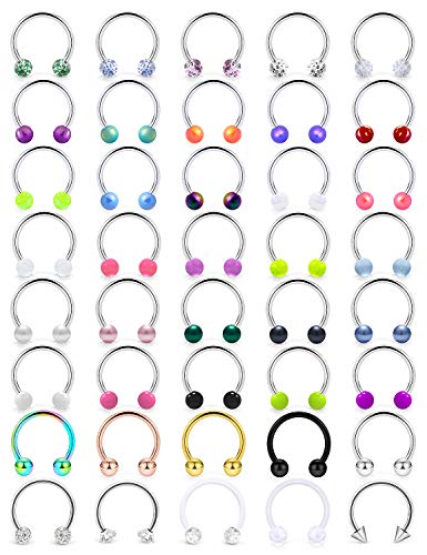 Lcolyoli 40Pcs 16G Surgical Steel Nose Septum Rings Piercing Jewelry Cartilage Helix Tragus Earring Hoop Lip Horseshoe Barbell Piercing Retainer for Women Men 8mm 5/16 inch