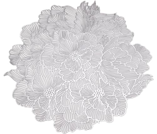 Image of Floral PVC Dining Table Placemats Set of 6 | Non-Slip Heat Resistant Table Mats for Dining Table | Decorative Table Mats for Home, Kitchen & Party Decor | 38 x 38 CM (Silver, Floral)