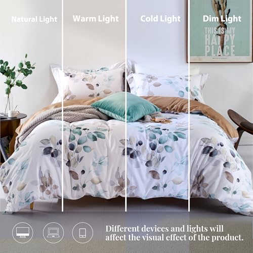 MILDLY Duvet Cover Set 100% Long-Staple Cotton Green Leaves Pattern Printed Comforter Cover 3pcs, Soft & Breathable Lightweigt Bedding Set