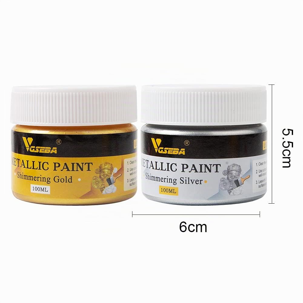 VGSEBA Vernice acrilica metallizzata, 2 pezzi da 100 ml oro e argento, vernice a foglia d'oro per la pittura artistica, ideale per tela, legno, tessuto, pietra, vetro (200 ml)