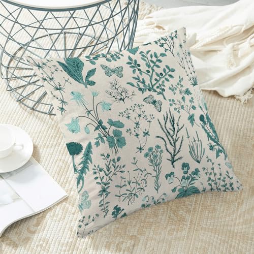 Image of AEIOAE Summer Pillow Covers 22x22 Inch Set of 2,Teal Green Wild Flower Plant Throw Pillows Case,Seasonal Floral Outdoor Decorative Square Linen Farmhouse Decor Cushion Covers for Home Sofa Bed Couch