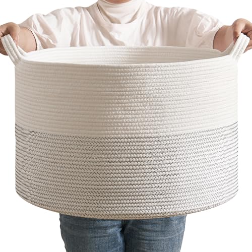 CLHMILY&Z Large Woven Storage Basket - 22x14.2 Inches - Modern Nursery Bin, Round Baby Toy Organizer, Soft Cotton Hamper for Home Decor, Multi-Purpose...