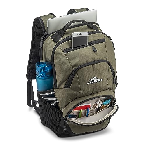Image of High Sierra Swoop Backpack, Lightweight Bookbag, Large Main Compartment + External Accessory Pockets, Separate Laptop Pocket, Dual Water Bottle Pockets, Fits most 17 inch Laptops, 30L Capacity, Olive