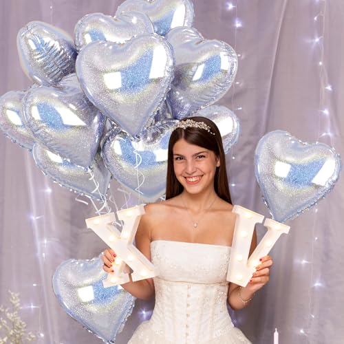 Image of Glitter Silver Foil Heart Balloons, 10PCS Silver Heart Shape Balloons, Valentines Balloons 18inch Love Foil Balloons Helium for Valentines Day, Wedding, Brithday, Baby Shower Party Decorations