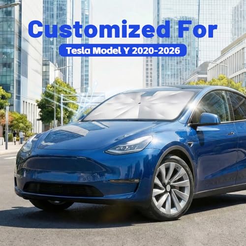 Image of Car Windshield Sun Shade for Tesla Model Y 2020-2026 -[Reflective Coated Fabric] Sunshade Umbrella for Front Window, Car Shades Sun Visor Keep Car Cool and Protects Interior, 1:1 Exact Fit