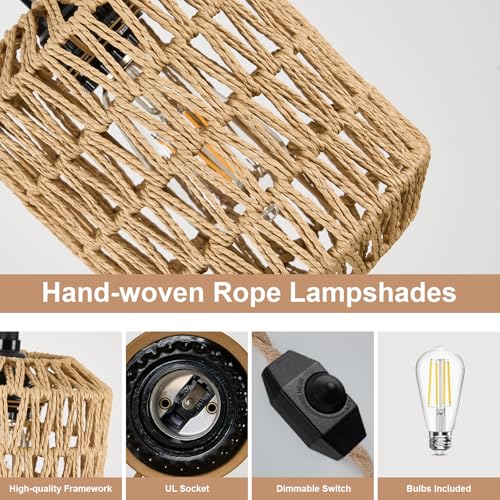 Image of Plug in Pendant Light with 6W LED Bulb Warm Light(3000K) Dimmable Switch Cute Rattan Hanging Lamp Cord 15ft Hand Woven Plug in Chandelier Boho Hanging Lights Fixture for Bedroom Kitchen