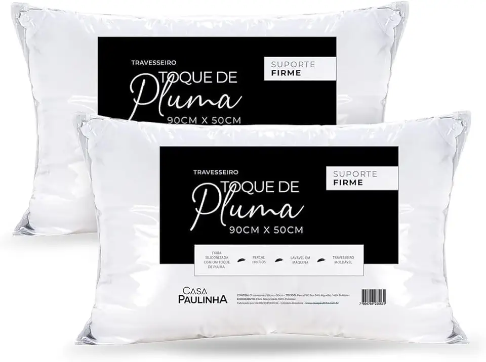Kit 2 Travesseiros King 90x50 Cm Toque De Pluma Firme E Macio – Alto, Antialérgico, Antiácaro, Lavável, Ideal Para Dormir De Lado Ou Costas, Conforto Premium Casa Paulinha