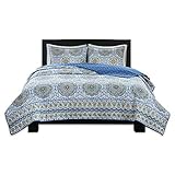 Home Essence Queen Quilt Set 3 Piece - Taya Blue Rustic Bedding Set Includes 1 Queen Size Coverlet, 2 Shams Sets, Printed Medallions Pattern