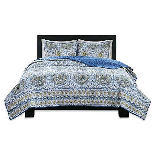Home Essence Taya 3 Piece Queen Quilt Set Reversible Solid Printed Medallions Light-Weight Rustic Coverlet Soft Microfiber Bedding for All Season, Full, Blue