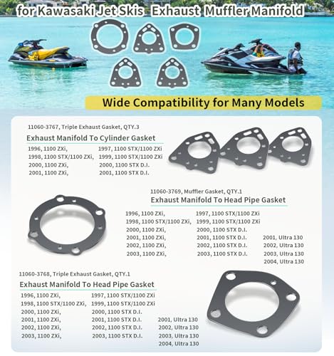 Image of Exhaust Gasket Repair Kit for Kawasaki Jet Ski 1100 ZXi, STX 1100, STX DI & Ultra 130 (1996-2004), Exhaust Head Pipe & Muffler Gaskets Replacement Set