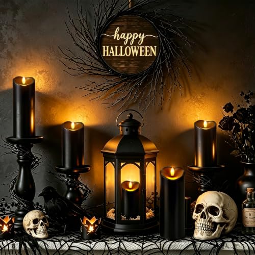Image of Raycare 8 inchx3 inch Outdoor Waterproof Flameless Candles with Remote and Timer, Battery Operated LED Electric Fake Pillar Candle for Halloween Home Wedding Decor, Black, Set of 2