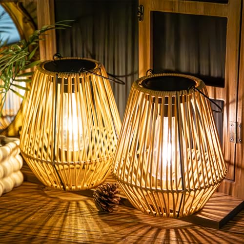 YAKii 2 Pack Solar Lantern Hanging Waterproof Outdoor Handmade Solar Lamp with Plastic Rattan Design...