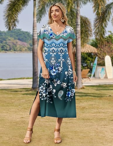 Image of Zeagoo Women Summer Floral Dress Short Sleeve Beach Dress with Pockets Casual V-Neck Split Long T-Shirt Dress Travel Vacation