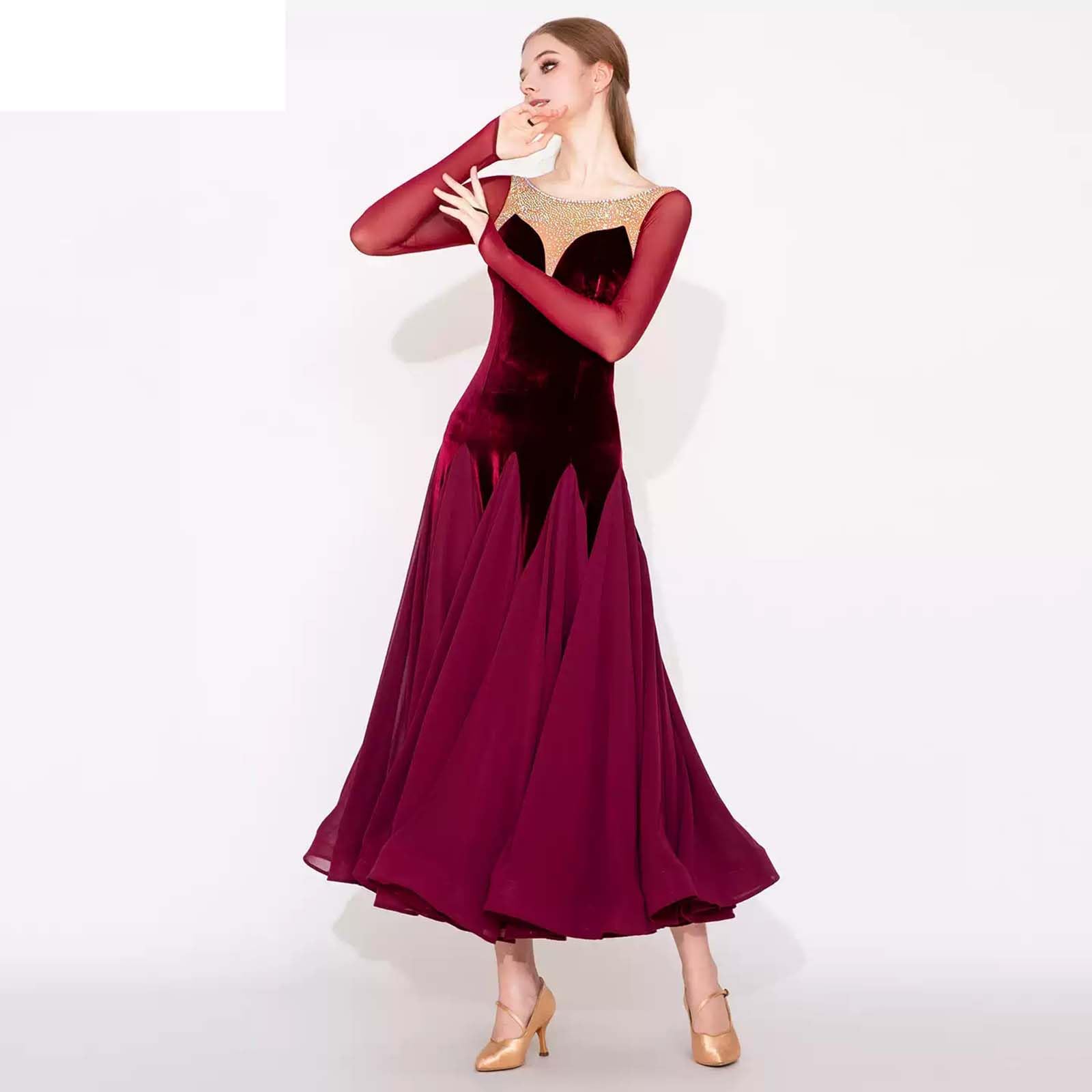 purpleq Damen Standard Tanzkleid, Langarm Walzer Kleid, Samt und Chiffon, Elegantes Performance Kleid für Standard, Latein, Tango, Salsa, Turniertanz, Rot