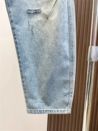 Mens Summer Hole Ripped Straight Denim Pants Elastic Waist Loose Jeans Thin Comfortable Cowboy Trousers4