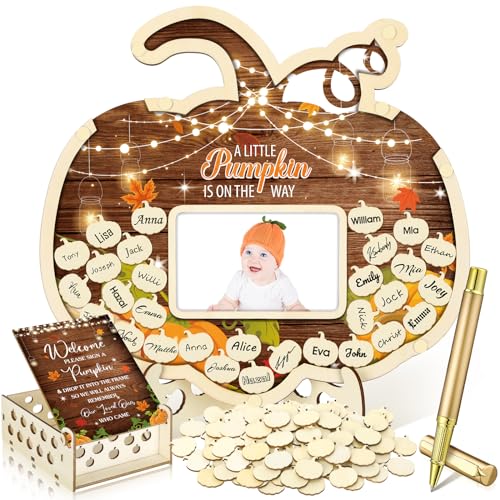 Image of Wenqik 63 Pcs Rustic Little Pumpkin Baby Shower Guest Book Alternatives Set Baby Shower Decorations with Photo Frame Sonogram Frame Keepsake 60 Wood Slices Guest Book for Birthday