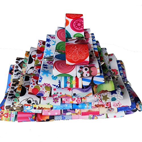Dandan DIY 24x22mm Grosgrain Ribbon Assorted Styles Pack (24 yards, Random Color, Cartoon Butterfly, Owl, Skull, Flower, Star, Dot, Bow Appliques)